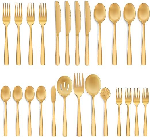 Hiware 25-Piece Matte Gold Silverware Set with Serving Utensils, Stainless Steel Flatware Cutlery... | Amazon (US)