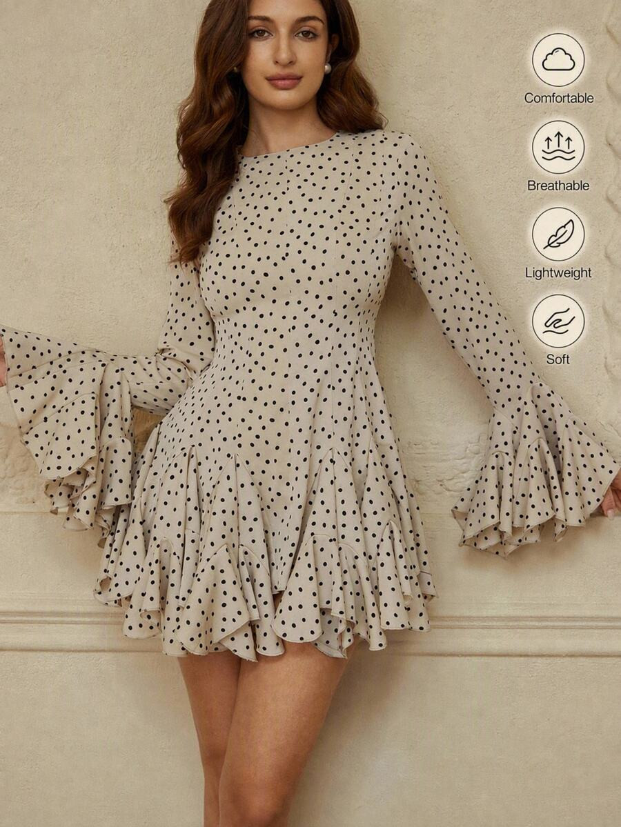 BELROSIE Vestido elegante y romántico de otoño con lunares y volantes, vestido mini de línea A con mangas largas y puños acampanados en negro y beige, estilo bohemio, para fiesta de té, cita nocturna, vestido vintage ajustado | SHEIN