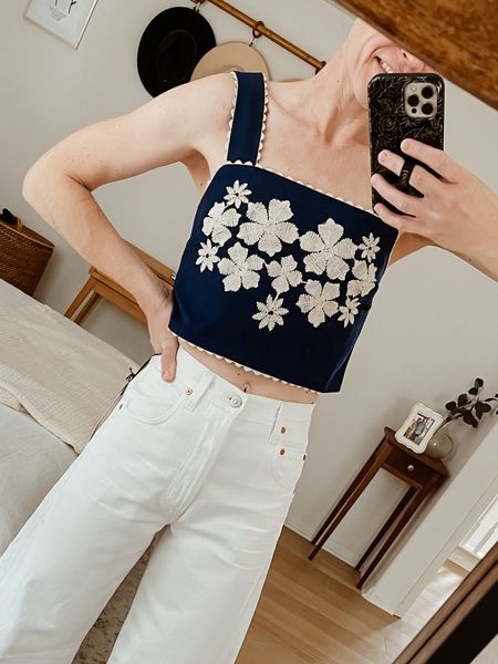 Cutest embroidered crop top for spring. Currently sold out but hoping for a restock! Fits TTS, wearing a 2. Jeans run big, size down one size. 

#sezane #springstyle #croptop

#LTKSeasonal