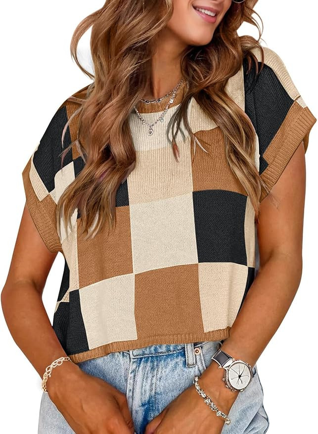 Womens Cute Summer Tops 2026 Short Cap Sleeve Sweater Color Block Trendy Crop Top Knit Vest Check... | Amazon (US)