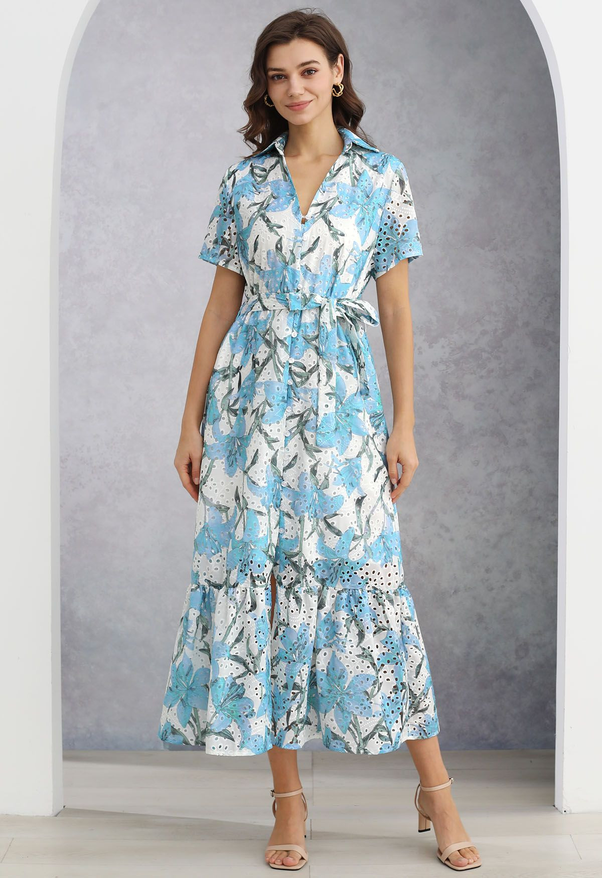Blue Lily Printed Embroidered Eyelet Frilling Dress | Chicwish