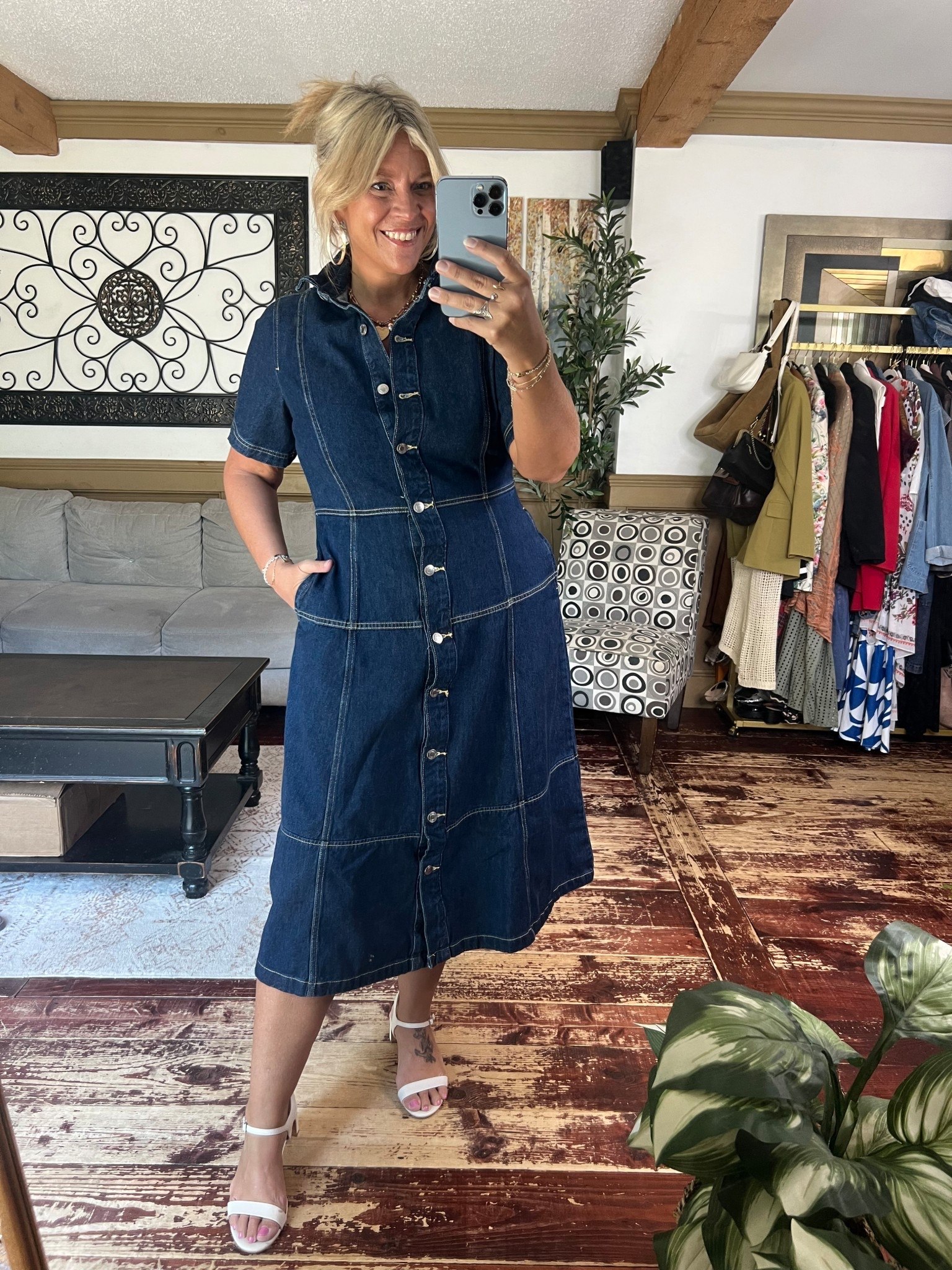 Denim midi dress with pockets size large JUST fits me at a size 14. Teacher outfit idea! 

#LTKFindsUnder50 #LTKStyleTip #LTKMidsize