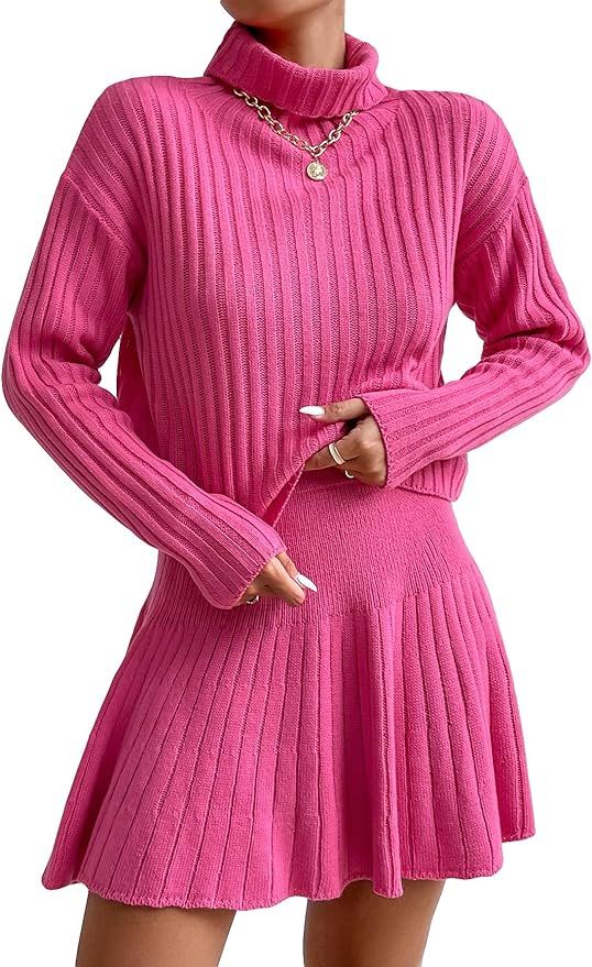 QWINEE Women's 2 Piece Long Sleeve Turtleneck Drop Shoulder Ribbed Knit Sweater and Skirt Sets | Amazon (US)