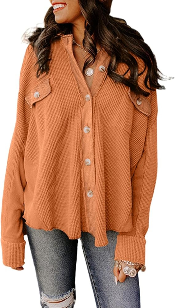 Astylish Womens Waffle Knit Shacket Jacket Casual Long Sleeve Button Down Shirts Outerwear Coat | Amazon (US)