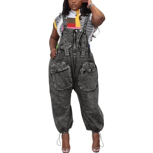 HTD Women's Bib Denim Overalls Loose Wide Leg Jean Jumpsuit With Cargo Pockets Dark Grey L | Amazon (US)