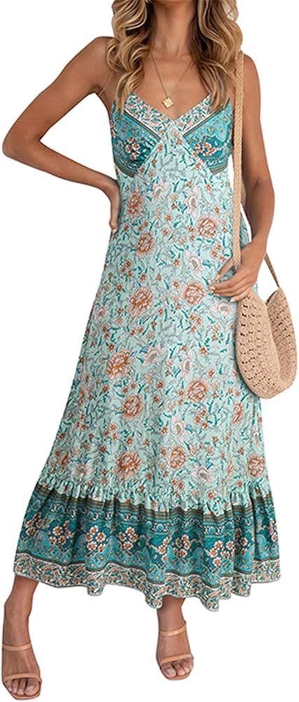 AvoDovA Women Casual Floral Print Maxi Dress Spaghetti Strap Backless Loose Long Dresses | Amazon (US)