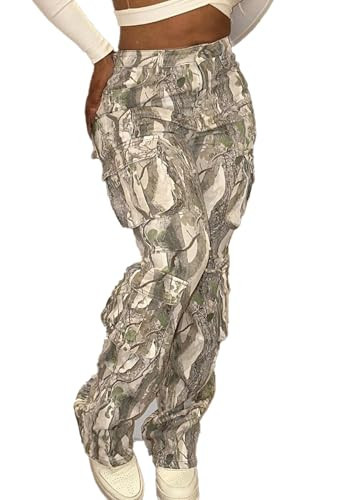 Women's Camo Cargo Pants High Waist Wide Leg Camouflage Army Fatigue Trousers with Pockets Sweatpants, Brown, M | Amazon (US)