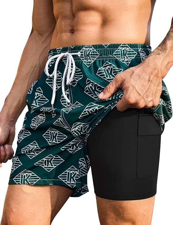 KBVOT Mens Swim Trunks with Compression Liner Bathing Suits 2 Pack Quick Dry Stretch Beach Shorts... | Amazon (US)