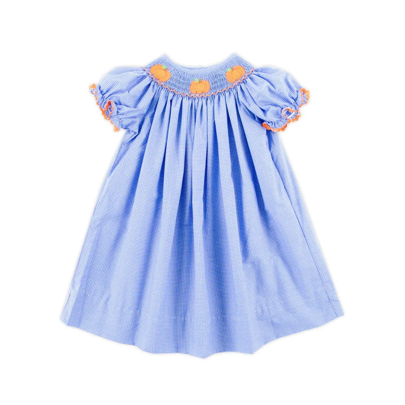 Pumpkin Smocked Royal Windowpane Bishop Dress | Classic Whimsy