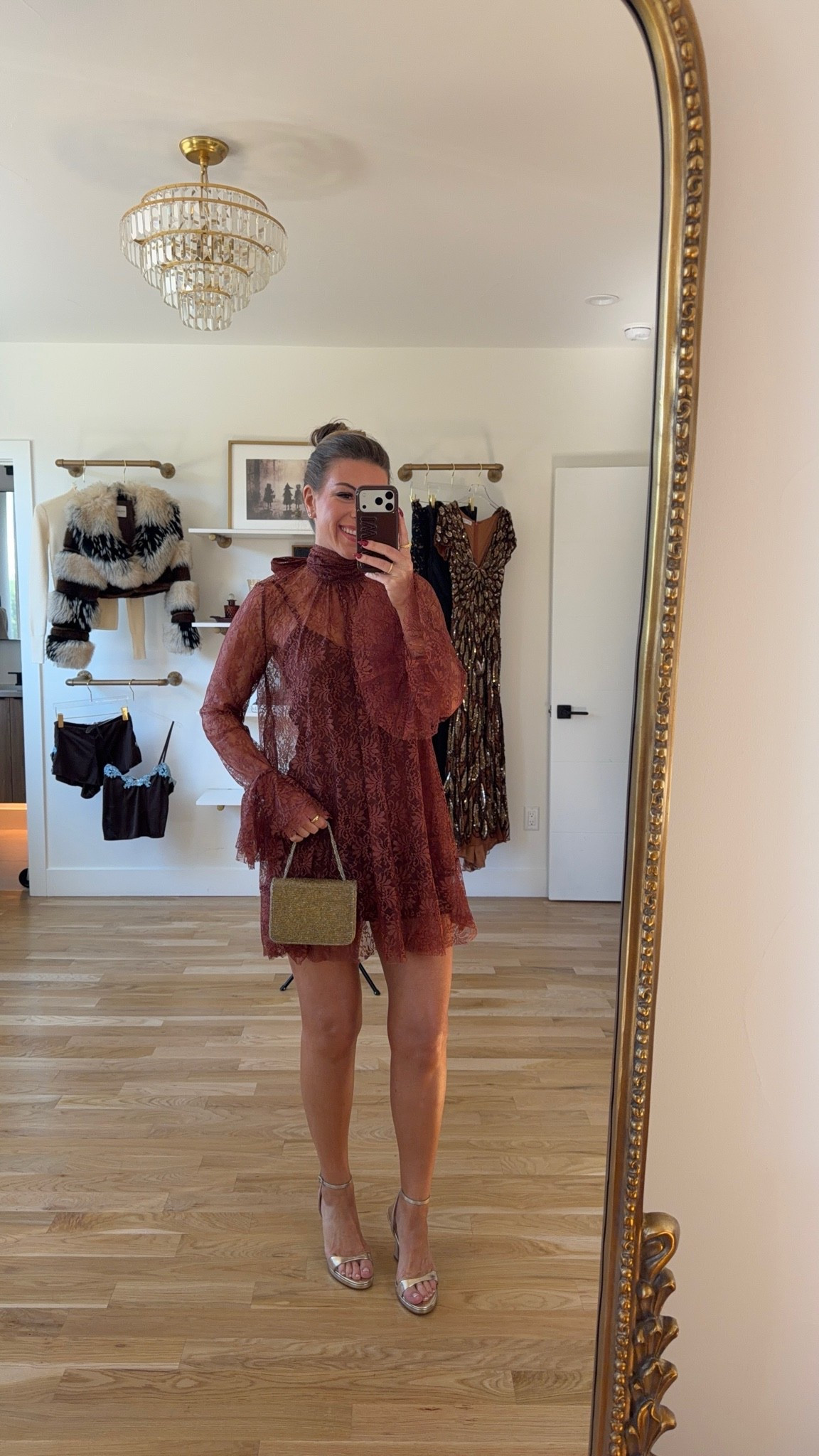 rust-brown lace mini with long sheer sleeves and a high ruffled neck formal event & wedding guest dress under $100 🙌🏻✨

lulus - deals20
vici - emerson40

Im 5’4” and wearing my usual small/2 

affordable fashion finds, fall wedding guest dresses, wedding guest dresses, cocktail dresses, semi-formal dresses, black tie wedding guest dresses, destination wedding guest dresses, garden party dresses, wedding guest outfit ideas