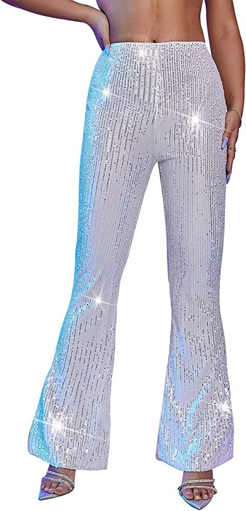 YHYJMY Womens High Waist Wide Leg Sparkle Sequin Bling Glitter Elastic Loose Flare Bell Bottom Sh... | Amazon (US)