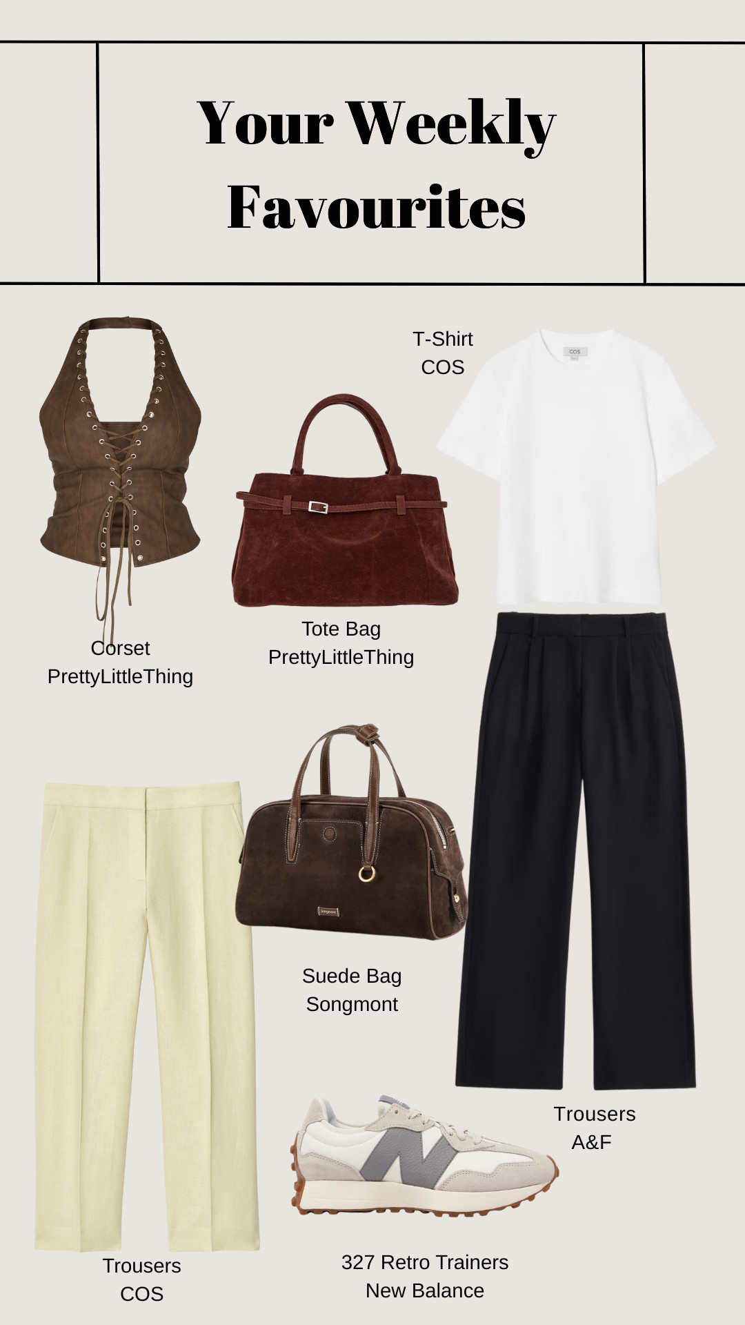 White T-shirt, COS, PrettyLittleThing, Tote Bag, Corset, Suede Bag, Songmont, Trousers, Abercrombie&Fitch, New Balance, 327 Retro Trainers 

 #LTKireland #LTKeurope #LTKsummer