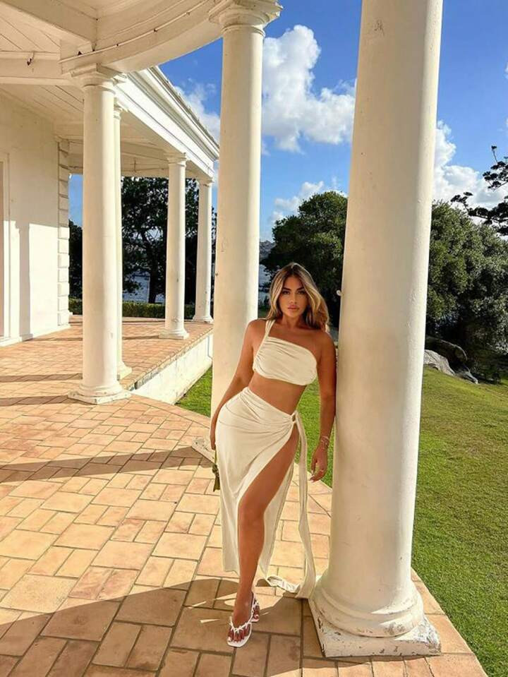 SHEIN SXY Summer Beach Vacation Set, Flare High Slit Skirt And Top For Going Out Summer Clothes W... | SHEIN