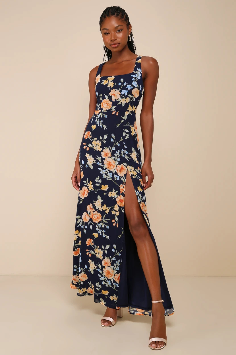 Remarkable Arrival Navy Blue Floral Sleeveless Maxi Dress | Lulus