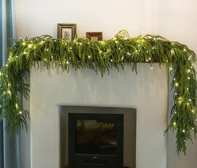 MISSPIN 9ft Christmas Garland with Lights, Real Touch Norfolk Pine Garland, Green Artificial Gree... | Amazon (US)