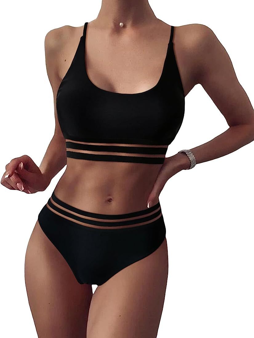 GORGLITTER Women's 2 Pcs Mesh Trim Swimsuit High Waisted Bikini Bathing Suits | Amazon (US)