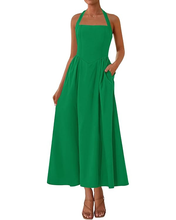 KIRUNDO Women Summer Sleeveless Halter Maxi Dress Sundress 2025 Casual Flowy Wedding Guest Cockta... | Amazon (US)
