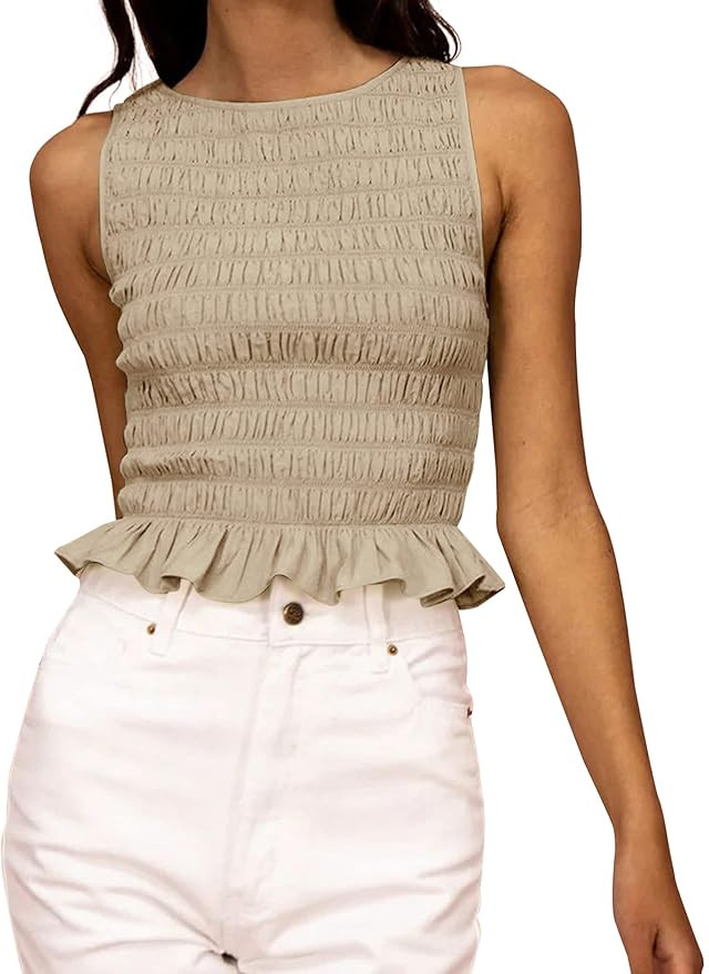 MISSACTIVER Women Casual Frill Smocked Ruffle Hem Crop Tank Top Shirred Crew Neck Sleeveless Slim... | Amazon (US)