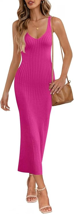 MEROKEETY Womens 2025 Summer Spring V Neck Knit Midi Dress Bodycon Casual Sleeveless Ribbed Sweat... | Amazon (US)