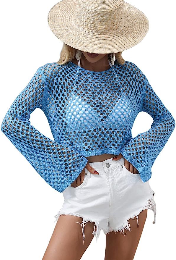 Hilinker Women's Scoop Neck Long Sleeve Top Hollow Out Crochet Bikini Cover Ups | Amazon (US)