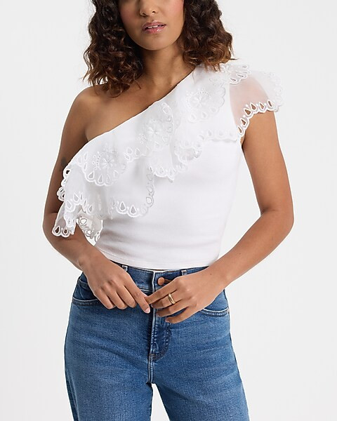 Ribbed Eyelet Ruffle One Shoulder Cropped Tank | Express
