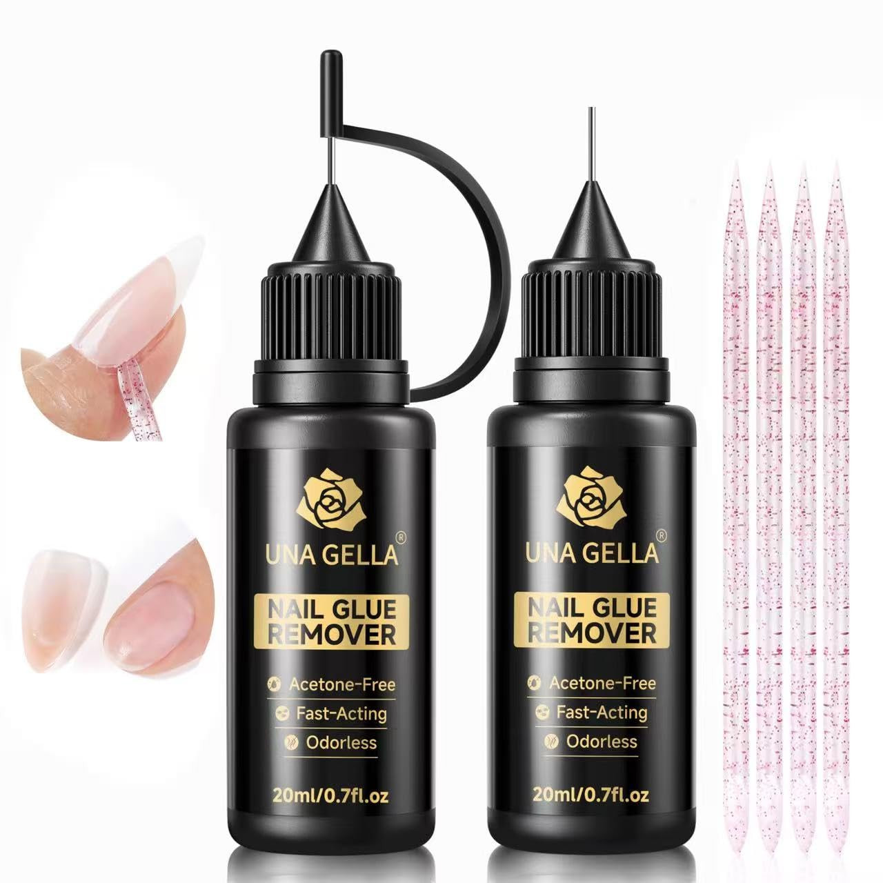 UNA GELLA 20ml*2PCS Nail Glue Remover for Press on, Multi-Functional Pinpoint Glue Remover Fast Removal Gentle Non-Acetone with Crystal Sticks for Nails Polish False Acrylic Nail Tips Home DIY | Amazon (US)