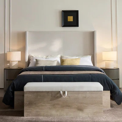 Shelton Textured Ivory Chenille Upholstered Wingback Bed with 54 Inch Headboard, Rustic Modern Farmhouse Style, Queen Size | Wayfair North America