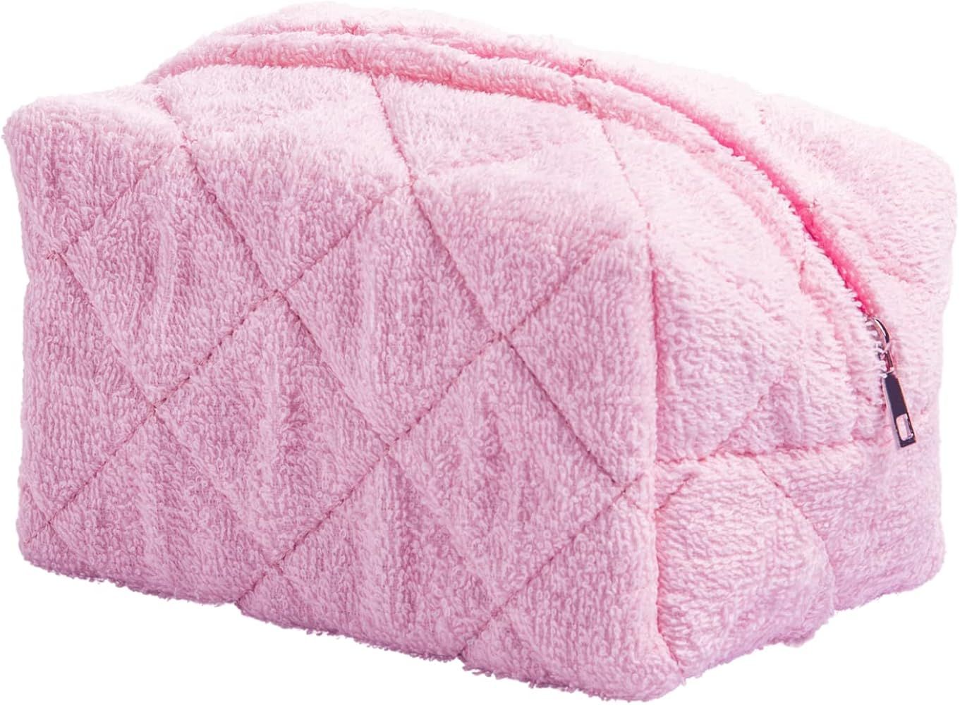 LAIYOSEA Light Pink Terry Cloth Quilted Makeup Bag, Small Aesthetic Makeup Bag Preppy, Tiktok Mak... | Amazon (US)