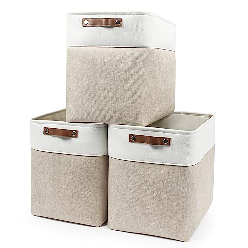 Bagnizer Large Fabric Storage Baskets | 50L Storage Bins, Decorative Linen Closet Baskets with Handles for Organizing, Shelf, Toys, Clothes, Home, Office, Nursery, 17x12x15Inches (Beige&White) | Amazon (US)