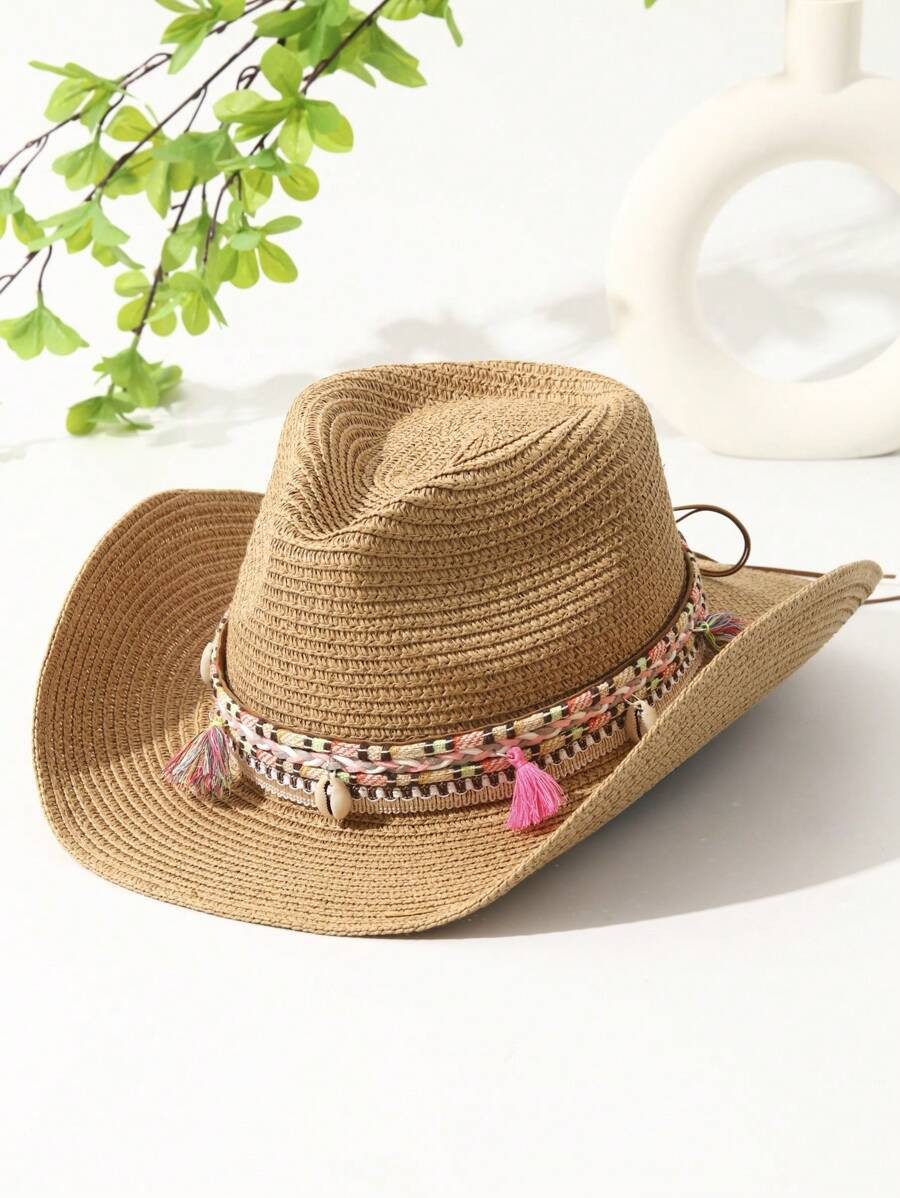 1pc Unisex Tassel Decor Boho Cowgirl Hat Cowboy Hat Visor Sun Hat Beach Hat Straw Hat For Outdoor | SHEIN