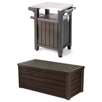 Keter Unity 40 Gallon Stainless Steel Top Grilling Bar Cart with Westwood 150 Gallon Plastic Outdoor Furniture Storage Deck Box, Brown | Target
