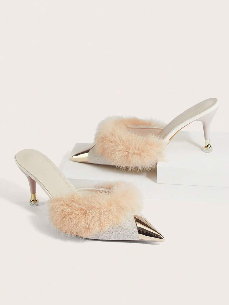 Enchnt Women Mules Heels Fluffy Decor Pointed Toe Slip On Backless Slides, Fashion Casual Mules For Fall/Winter,Sexy,Women Pumps | SHEIN