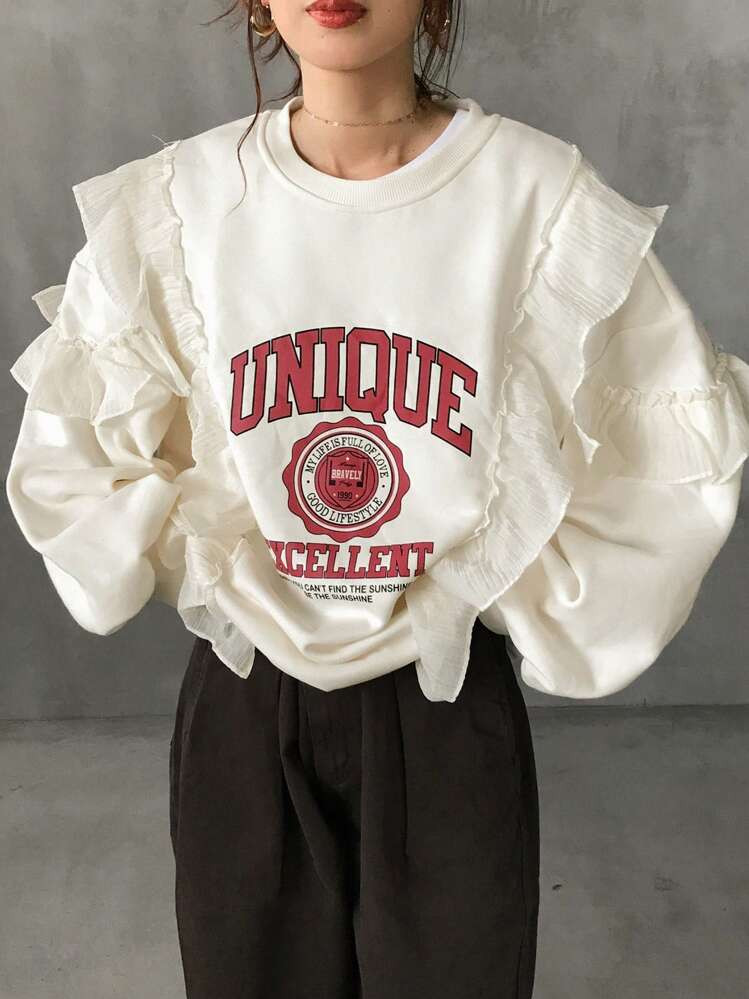 FRIFUL Women's Letter Print Patchwork Ruffle Trim Round Neck Loose Casual Sweatshirt, Spring/Autumn | SHEIN