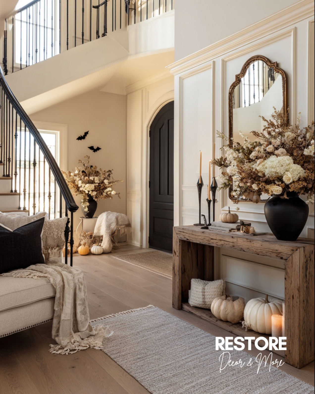 This space nails the modern farmhouse meets cozy autumn vibe — from the rustic console table to the soft neutral pumpkins and dried florals. The black door and candlesticks add the perfect moody touch for fall

#mirror #EntrywayDecor #FallDecor #FarmhouseStyle #NeutralHome 

 #LTKHalloween #LTKSeasonal #LTKHome