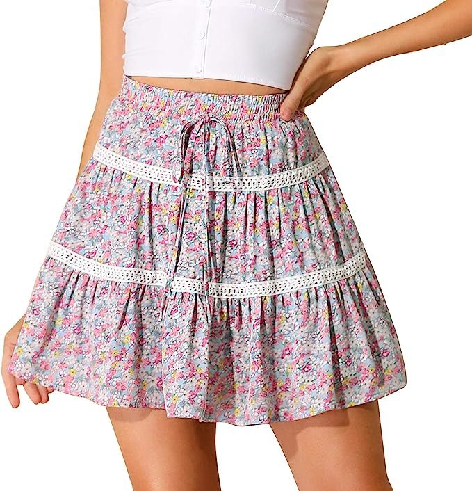 Allegra K Women's Floral Print Skirts Elastic Waist Lace Trim A-Line Ruffle Tiered Mini Skirt | Amazon (US)