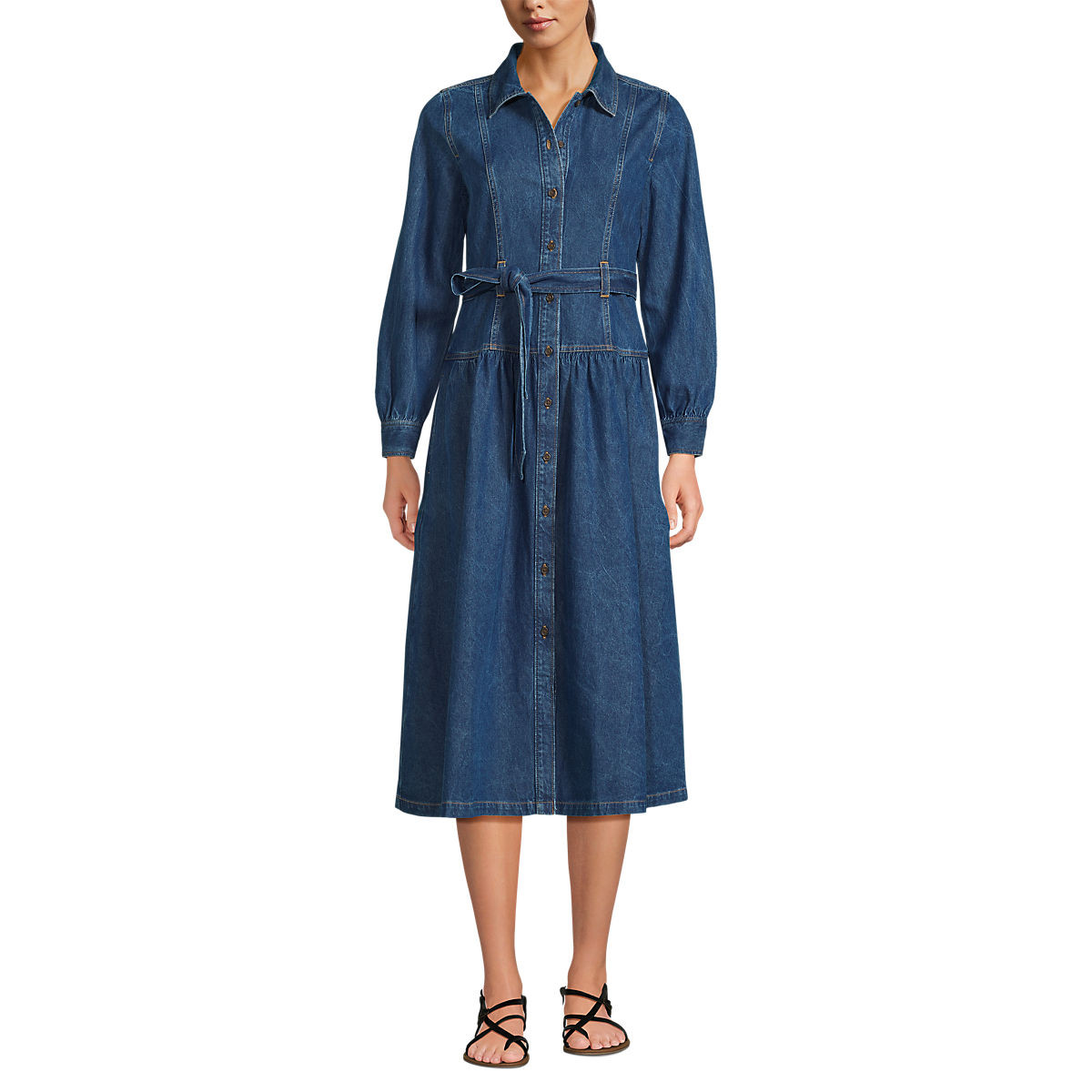 Women's Denim Button Front Midi Shirt Dress | Lands' End (US)
