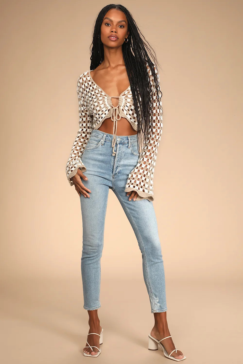 Bliss and Beyond Taupe Multi Long Sleeve Crochet Crop Top | Lulus (US)
