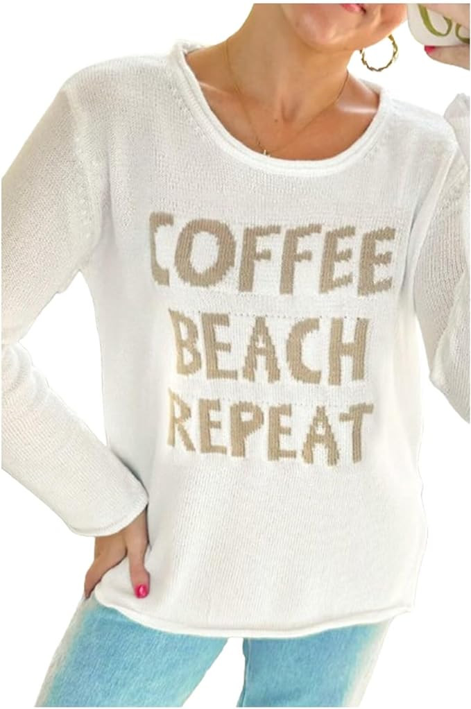 Women's Letter Print Sweater Casual Crewneck Coffee Beach Graphic Loose Knitted Pullover Tops | Amazon (US)