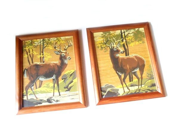 Vintage Deer Paint by Number/ PAIR Framed Art Paintings/ Wildlife Landscape/ Boho Natural Decor/ Mid | Etsy (US)