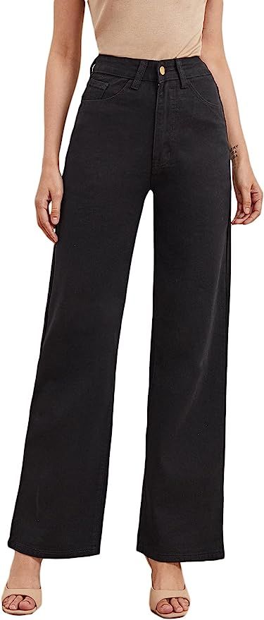 SheIn Women's High Waist Boyfriends Jeans Wide Leg Denim Long Pants with Pockets | Amazon (US)