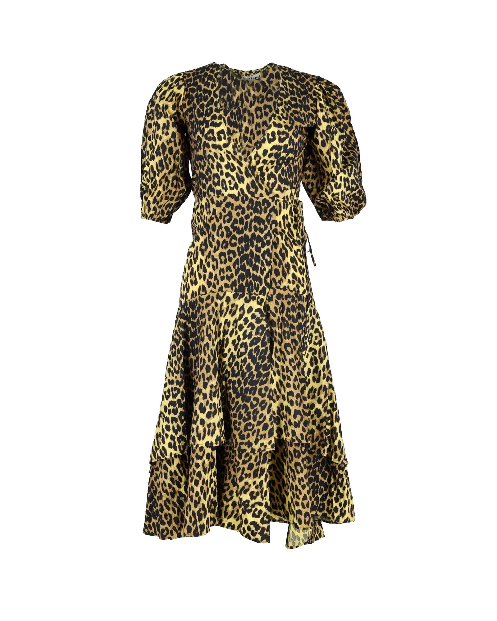 Ganni Bijou Leopard-Print Wrap Dress in Yellow Cotton | Shop Simon