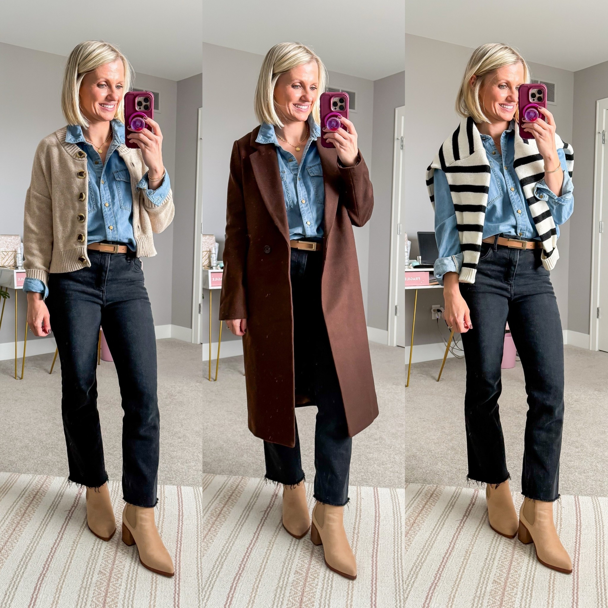 Winter capsule wardrobe outfits with black jeans and a chambray shirt. 

Capsule details can be found at thriftywifehappylife.com! 

#LTKPetite #LTKOver40 #LTKSeasonal