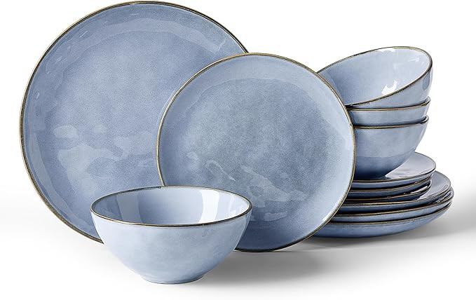 Famiware Dinnerware Sets for 4, Ocean Round 12-Piece Kitchen Plates and Bowls Sets, Reactive Glaz... | Amazon (US)