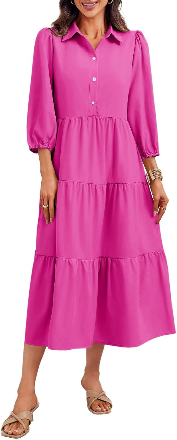 Wenrine Womens Casual 3/4 Sleeve Shirt Dress Button Down Flowy Maxi Dress | Amazon (US)