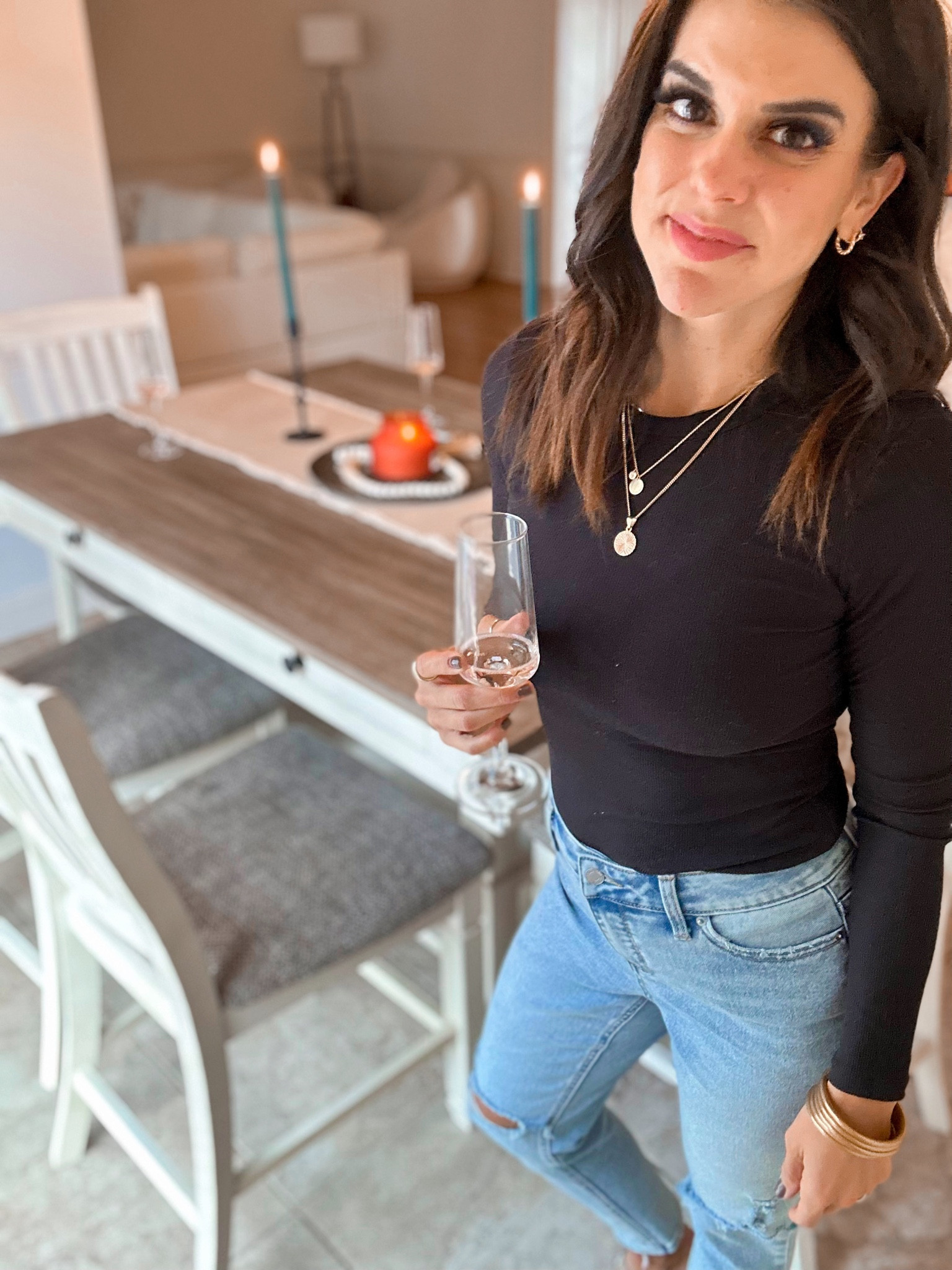 Loving my new dining room table set up thanks to Walmart! Size small in tee, and jeans are true to size 
@walmart #walmartpartner 

#LTKhome #LTKSeasonal #LTKfindsunder100