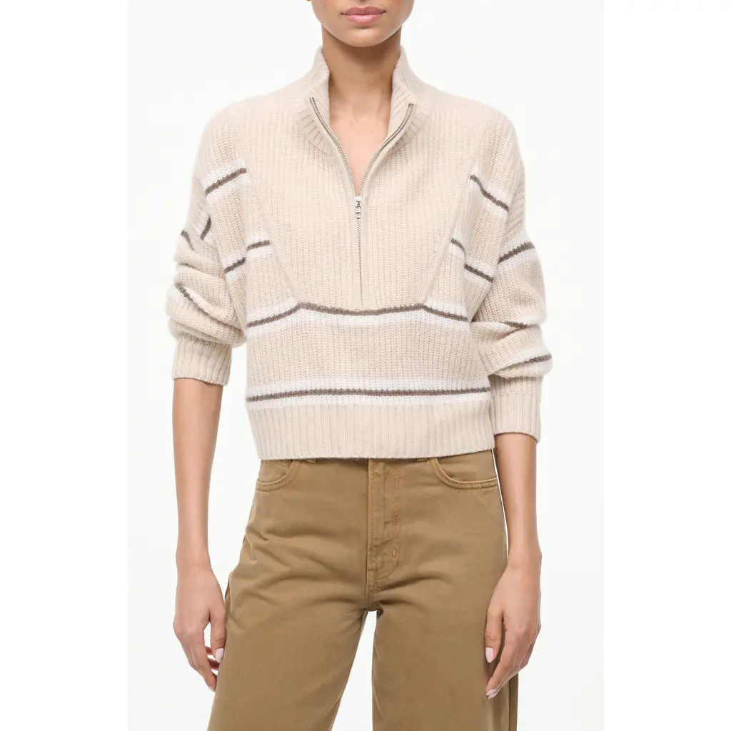 STAUD Hampton Crop Half Zip Cashmere Sweater in Whisper Stripe at Nordstrom, Size X-Small | Nordstrom
