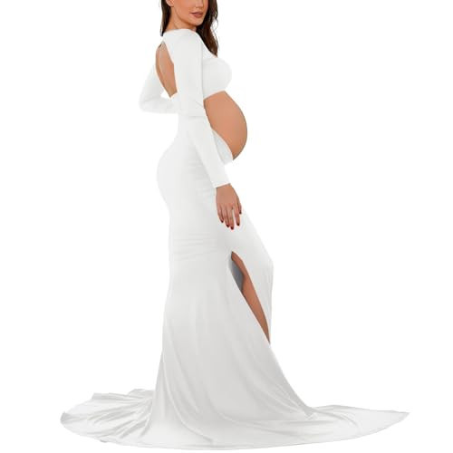Bhome Maternity Dress for Photoshoot Cut-Out Backless Side Split Maternity Maxi Gown for Photoshoot White M | Amazon (US)