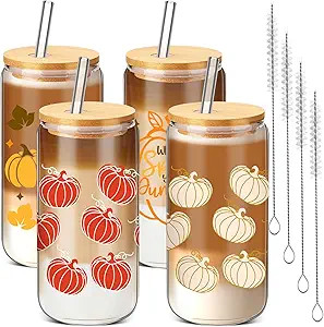 Pickmesh 4 Pcs Fall Coffee Mugs 18 oz Fall Glass Cups Thanksgiving Pumpkin Tumbler Drinking Glass... | Amazon (US)