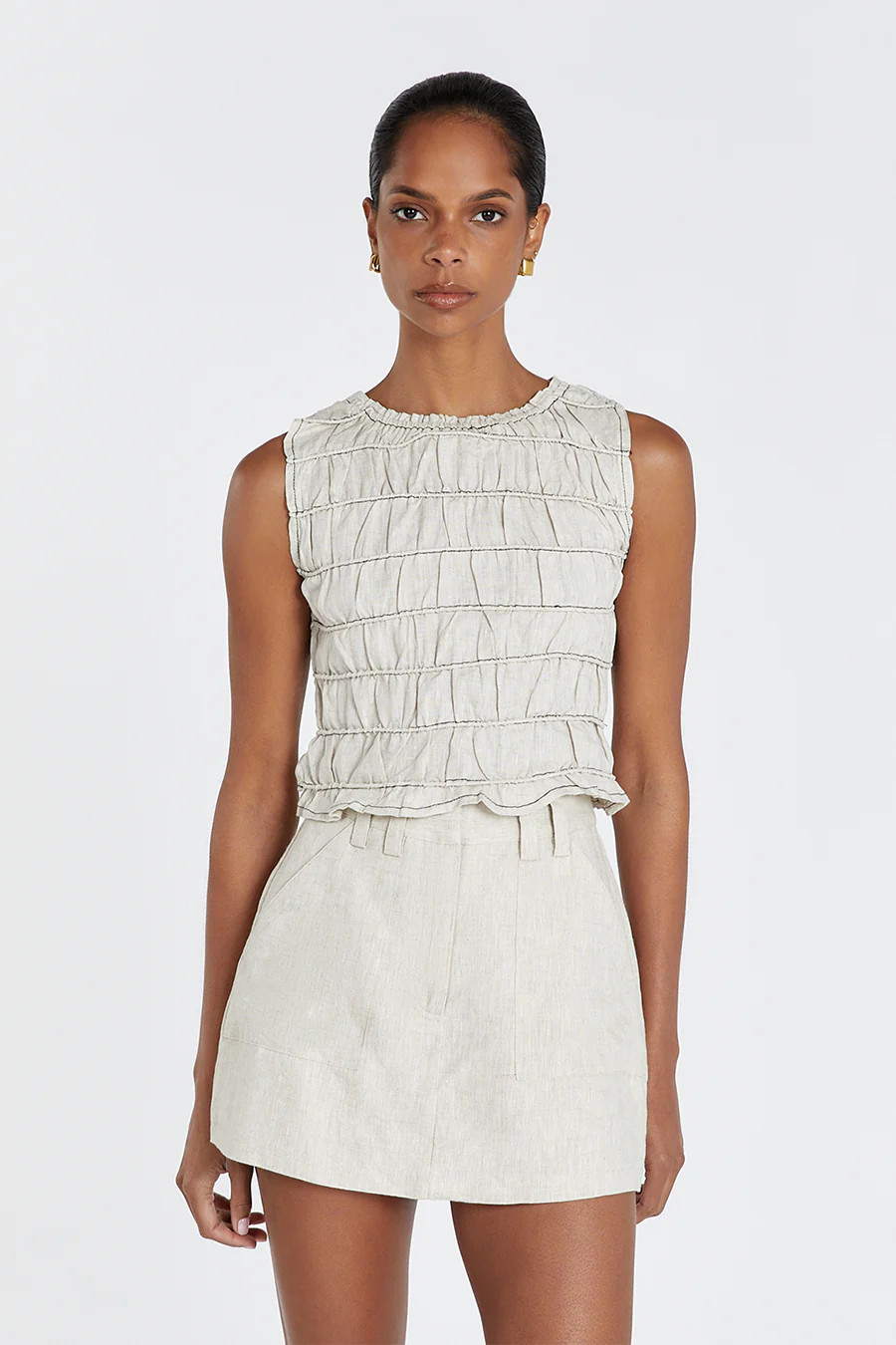 DAVINA NATURAL SHIRRED LINEN TOP | DISSH