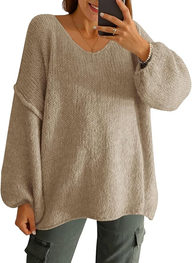 Saodimallsu Womens Oversized V Neck Sweaters Chunky Lantern Sleeve Knit Top | Amazon (US)